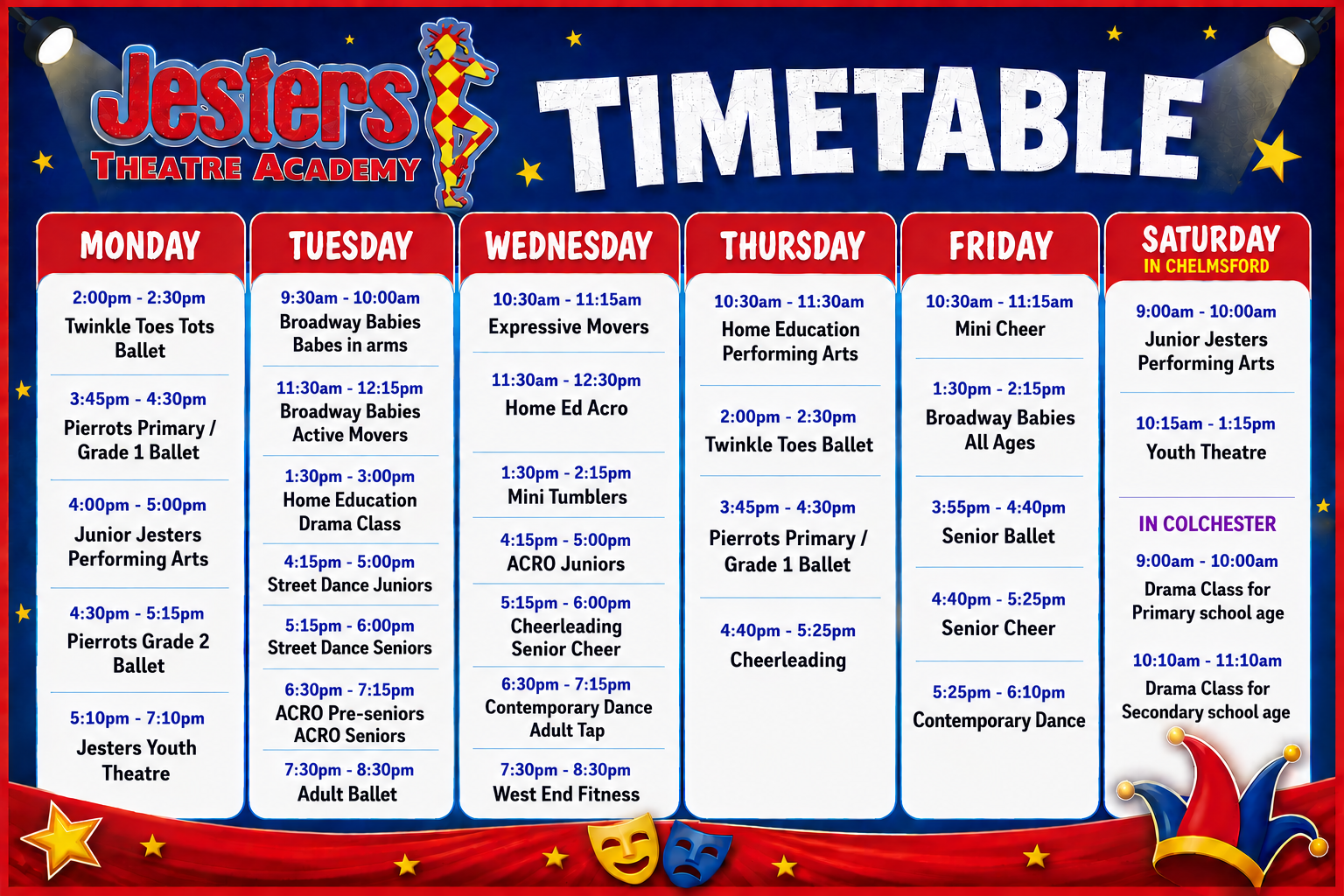 Jesters Theatre Academy Time Table